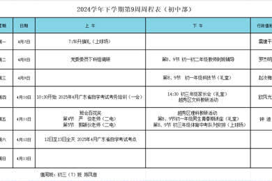 2024学年下学期第9周周程表（初中部）