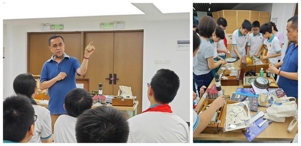 韩老师展示自己收藏的航海纪念章、学生探索各类航海仪器